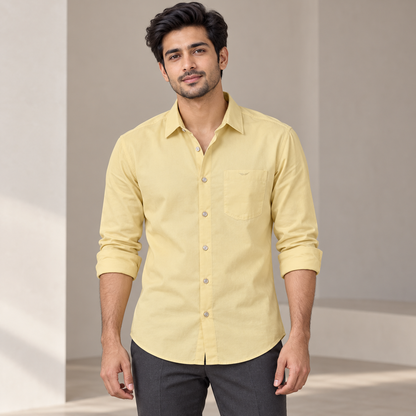 Plain Full Sleeve Wing Pocket Shirt - Cream Yellow - adult model front