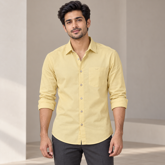 Plain Full Sleeve Wing Pocket Shirt - Cream Yellow - adult model front