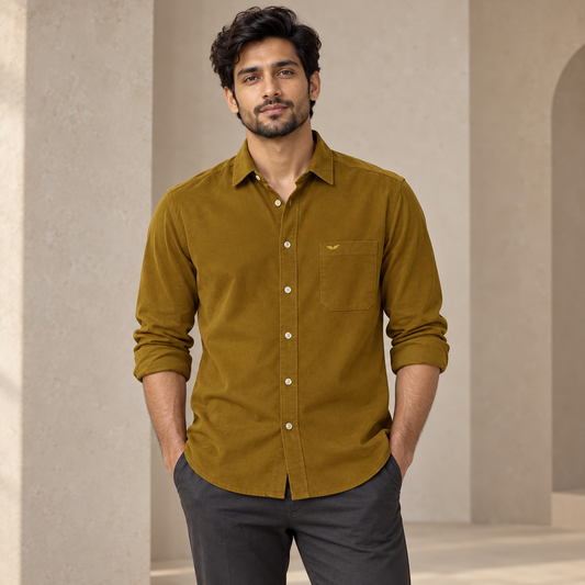 Plain Full Sleeve Wing Pocket Shirt - Mustard - adult model front