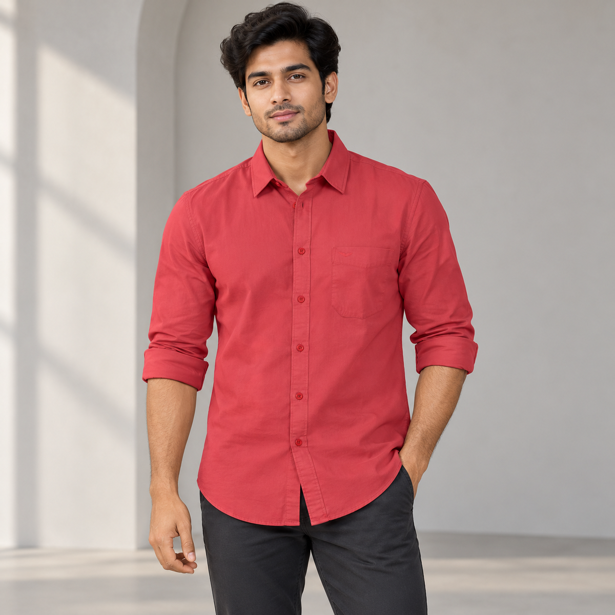 Plain Full Sleeve Wing Pocket Shirt - Coral Red - adult model front