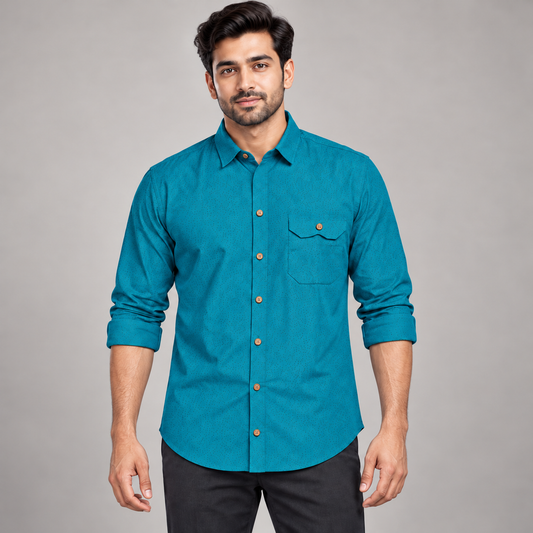 Microfleck Print Single Flap Pocket Full Sleeve Shirt - Teal - adult model front