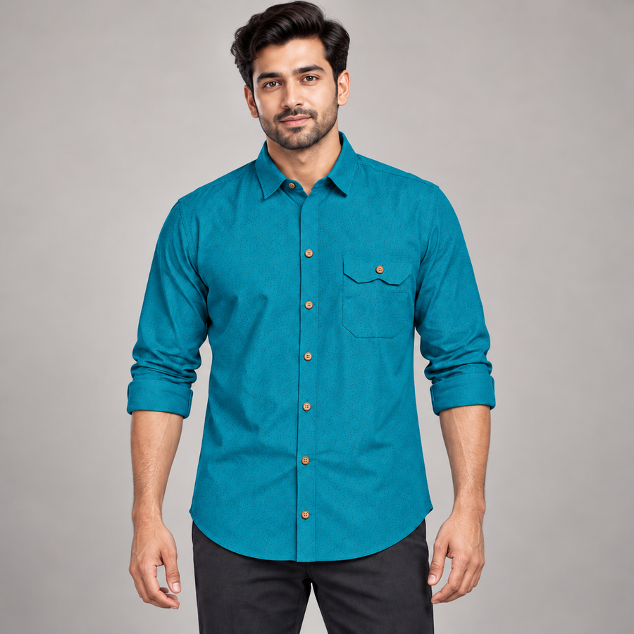 Microfleck Print Single Flap Pocket Full Sleeve Shirt - Teal - adult model front