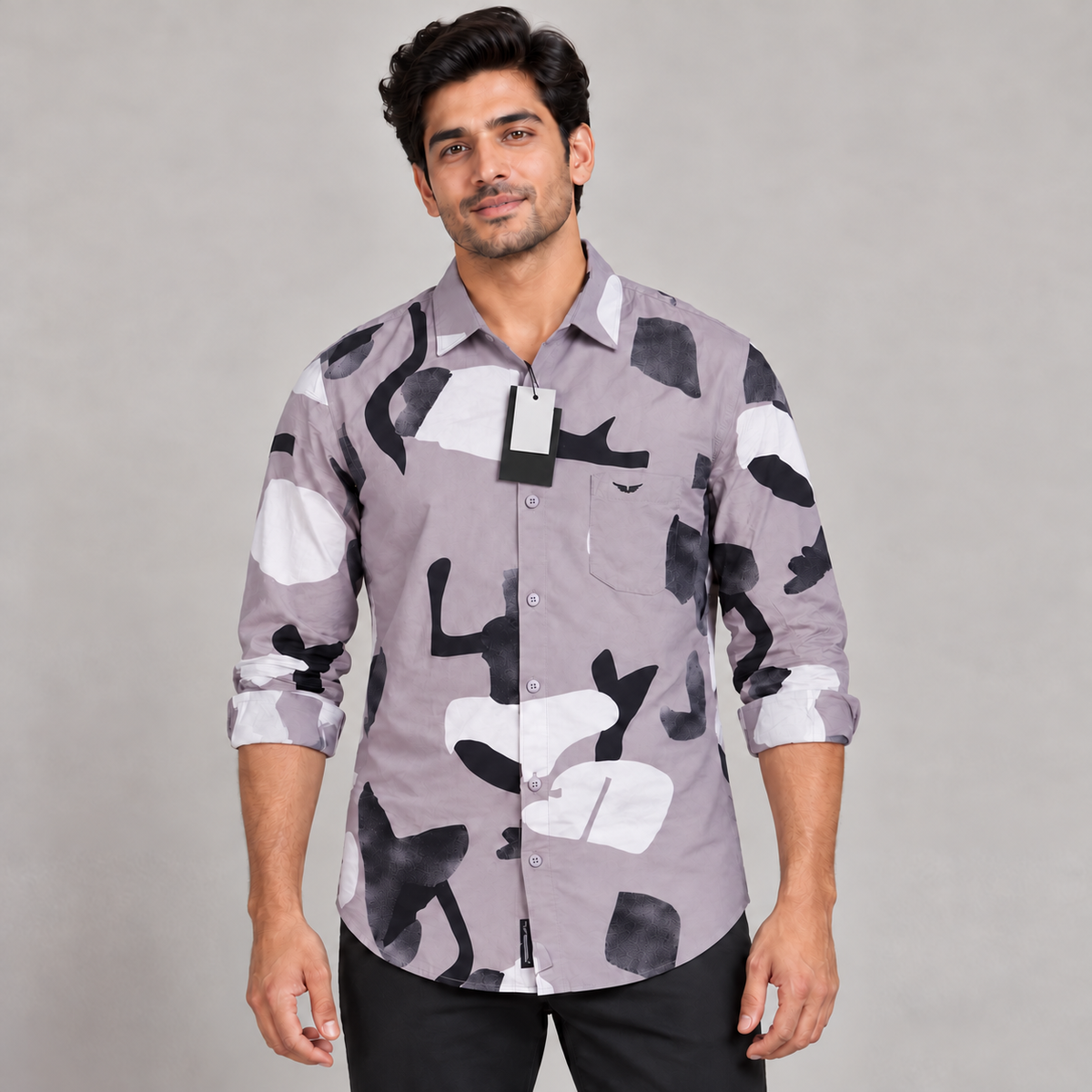 Large Abstract Print Full Sleeve Pocket Shirt - Grey Lilac - adult model front