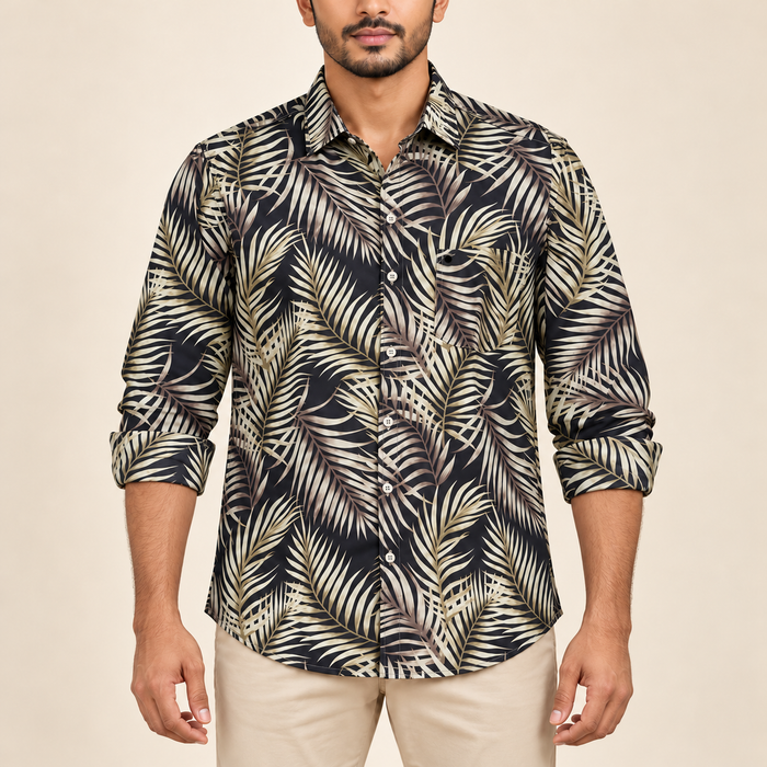 Palm Leaf Print Full Sleeve Shirt - Black Cream
