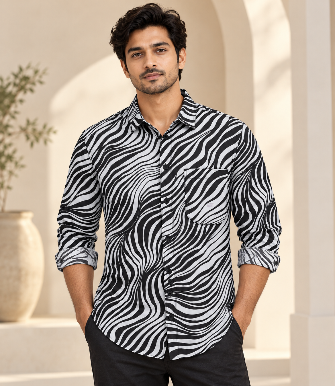 Black and white zebra full sleeve pocket shirt on a model with neatly rolled sleeves