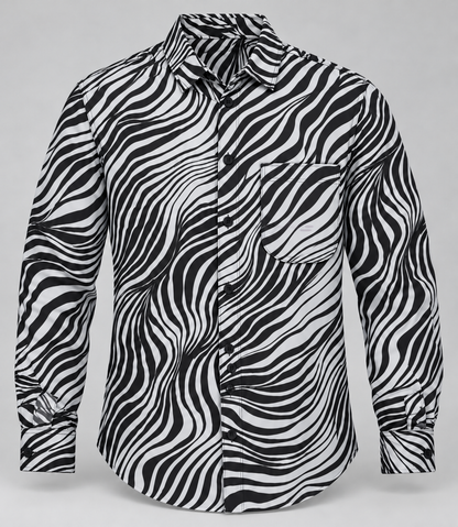 Dimensional product view of the black and white zebra shirt with full sleeves and one open chest pocket