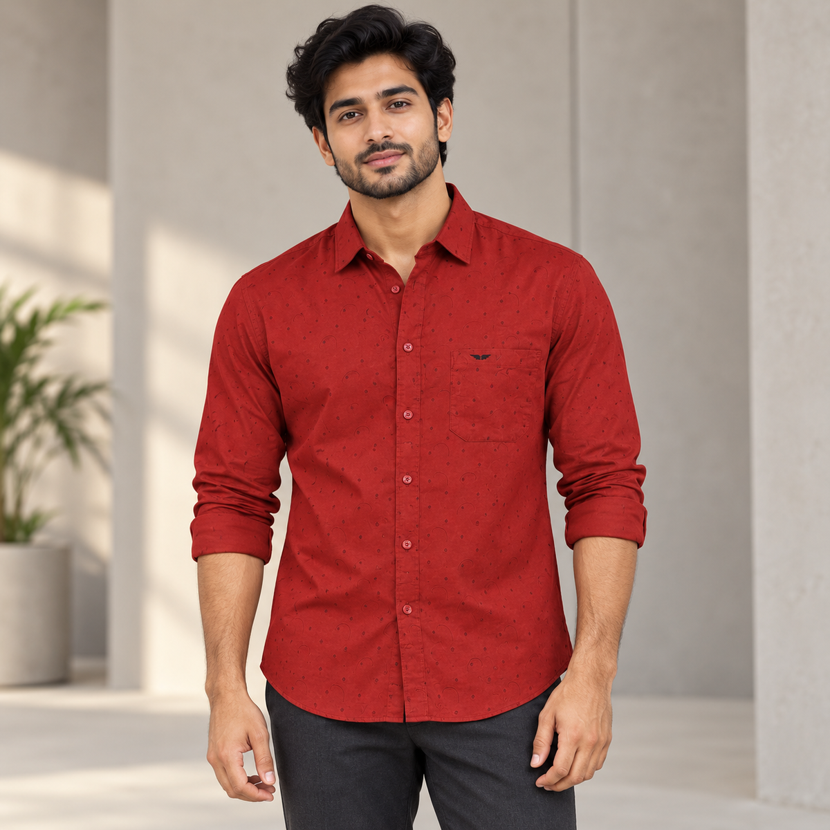 Brick red tonal loop pattern wing pocket shirt - modern adult model with rolled sleeves