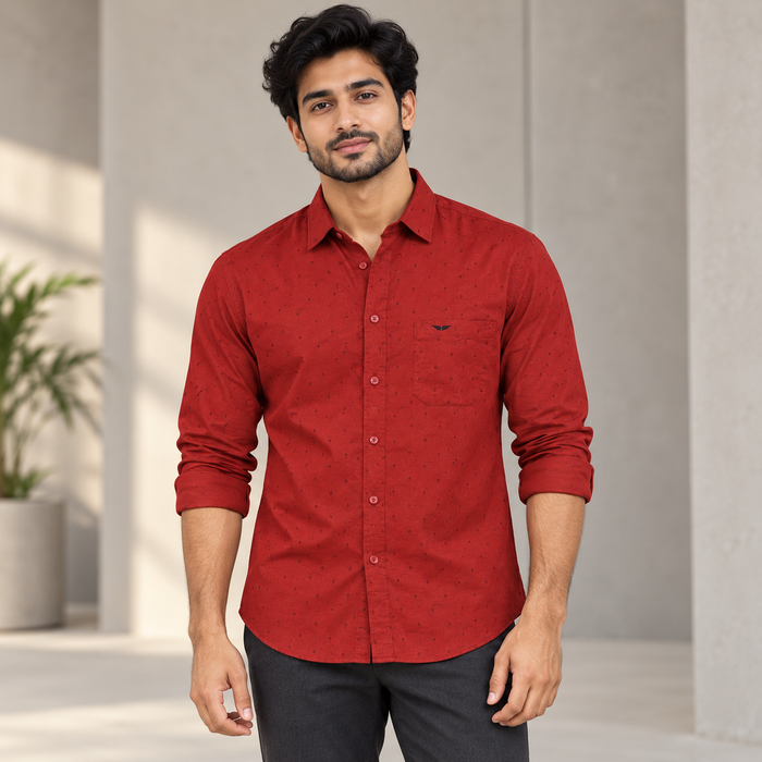 Tonal Loop Print Full Sleeve Pocket Shirt - Brick Red
