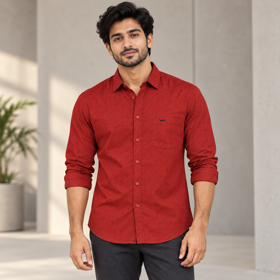 Brick red tonal loop pattern wing pocket shirt - modern adult model with rolled sleeves