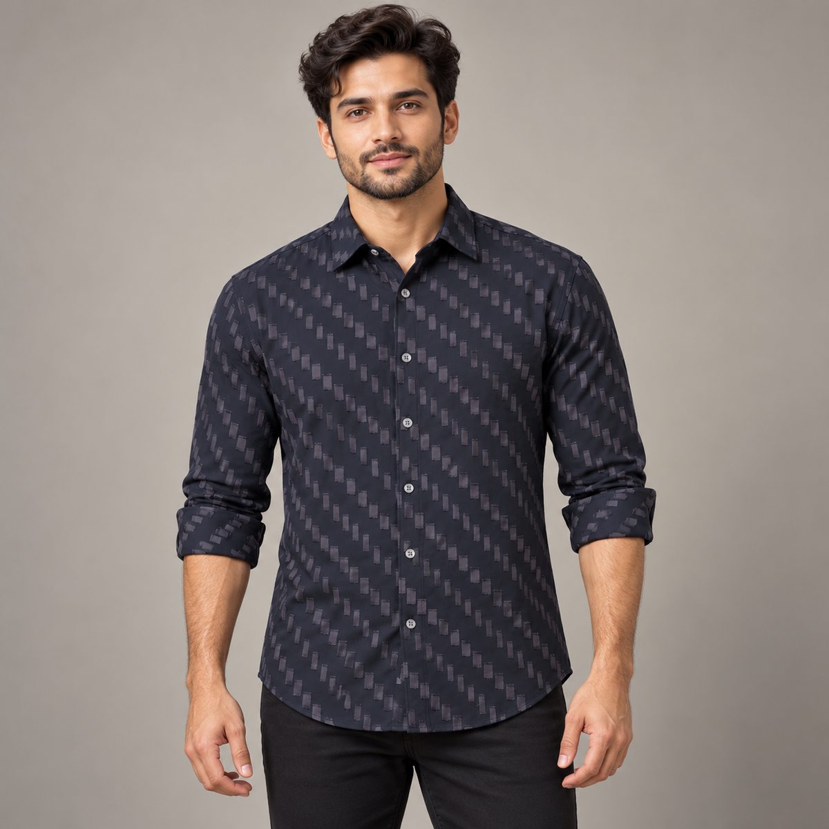 Dark slate navy rectangular pattern shirt - modern adult model, neatly rolled full sleeves