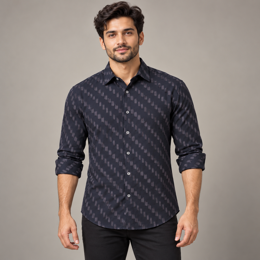 Dark slate navy rectangular pattern shirt - modern adult model, neatly rolled full sleeves