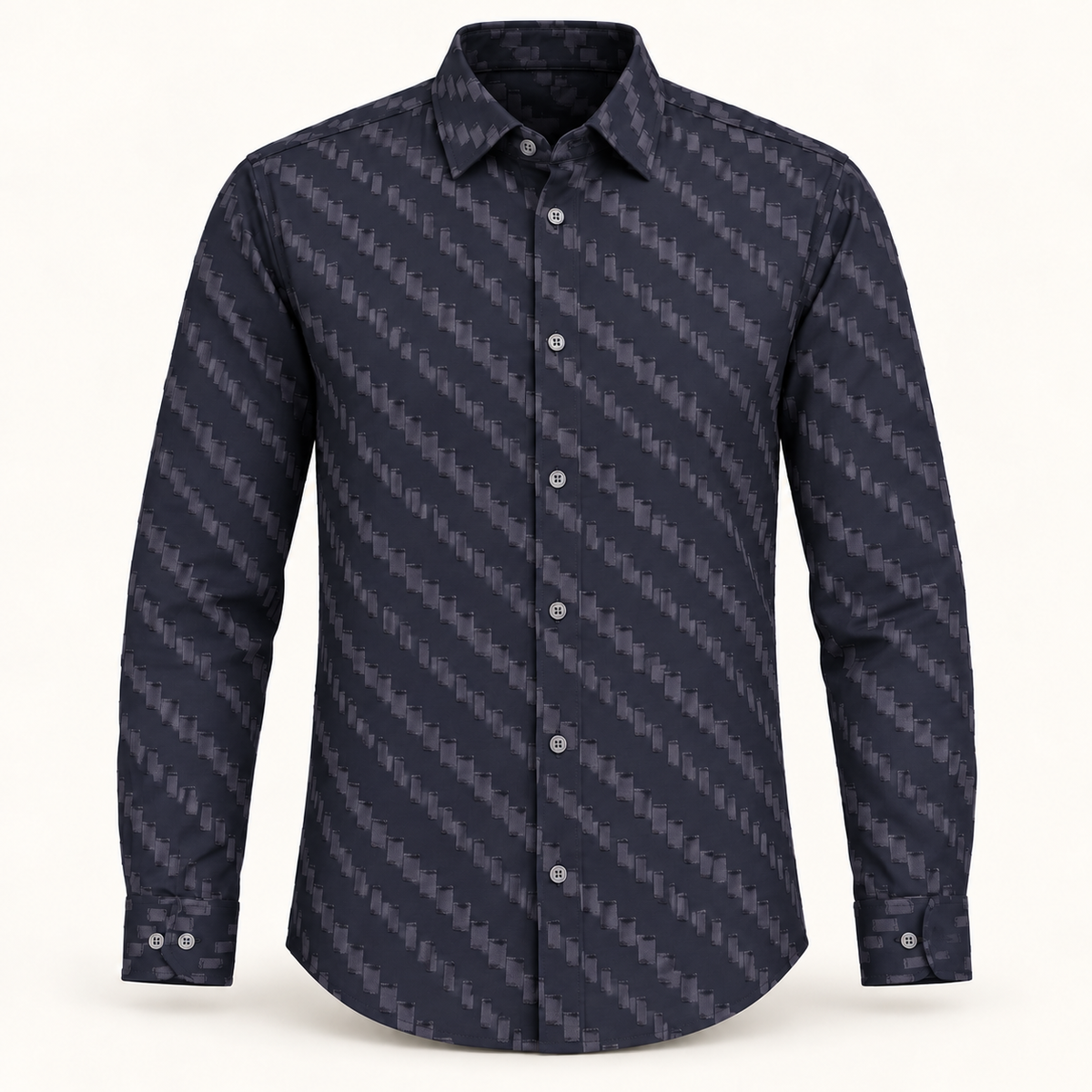Dark slate navy rectangular pattern shirt - dimensional product front with full sleeves and matching cuffs