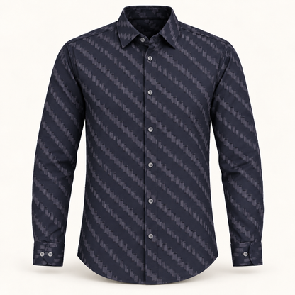 Dark slate navy rectangular pattern shirt - dimensional product front with full sleeves and matching cuffs