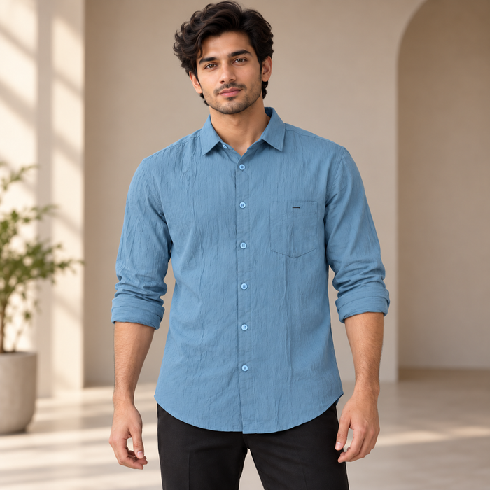 Textured Full Sleeve Pocket Shirt - Dusty Light Blue