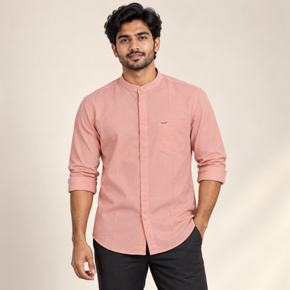 Concealed Placket Band Collar Pocket Shirt - Salmon Pink - modern adult model with rolled full sleeves