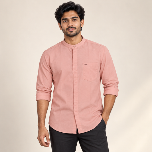 Concealed Placket Band Collar Pocket Shirt - Salmon Pink - modern adult model with rolled full sleeves