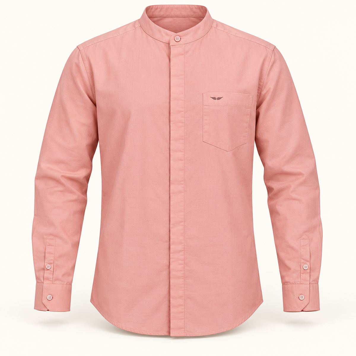 Concealed Placket Band Collar Pocket Shirt - Salmon Pink - dimensional product front with full sleeves