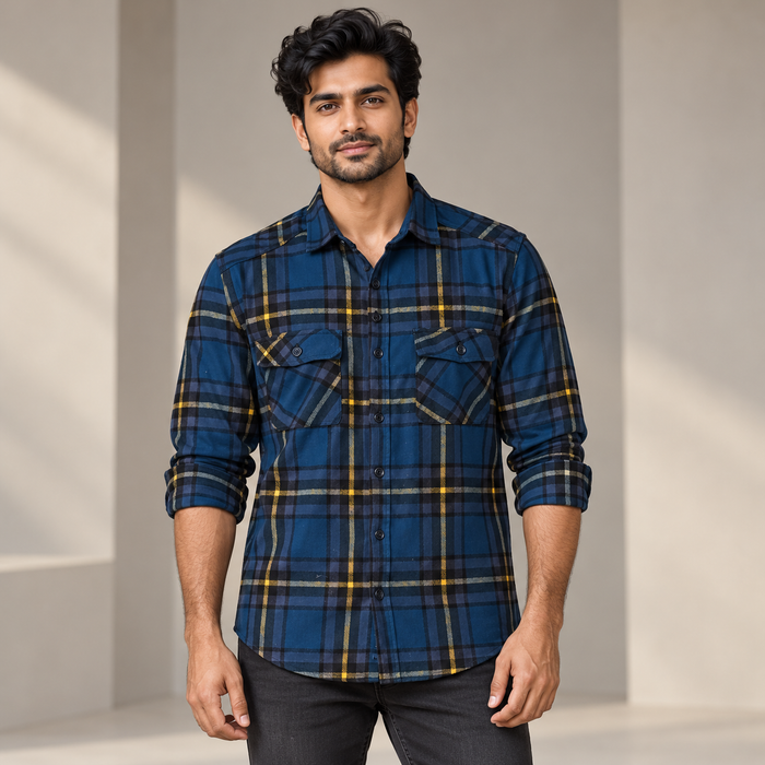 Check Double Flap Pocket Full Sleeve Shirt - Navy Yellow Grey