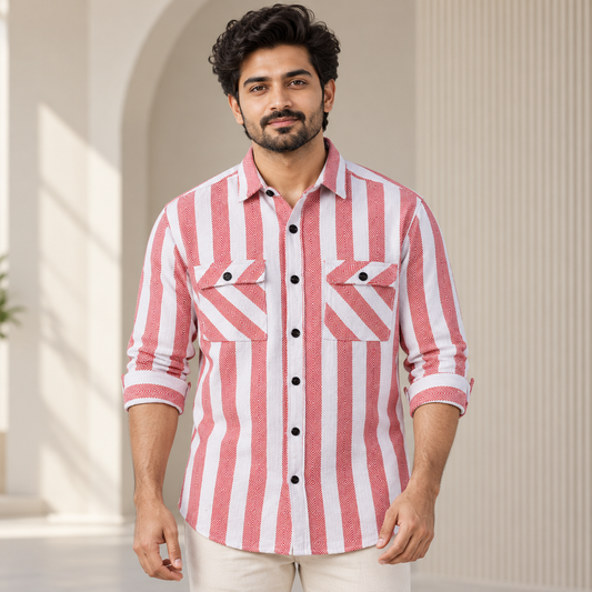 Adult model wearing red white diamond stripe full sleeve shirt, sleeves rolled, two diagonal flap pockets, front view