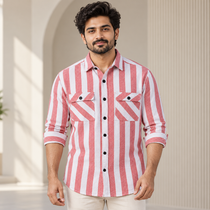 Diamond Stripe Double Flap Pocket Full Sleeve Shirt - Red White