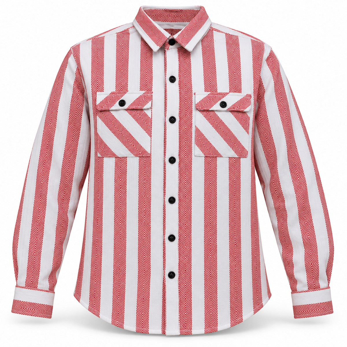 Red white diamond stripe shirt, dimensional product front with full sleeves and two diagonal stripe button flap pockets