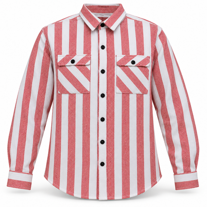 Red white diamond stripe shirt, dimensional product front with full sleeves and two diagonal stripe button flap pockets