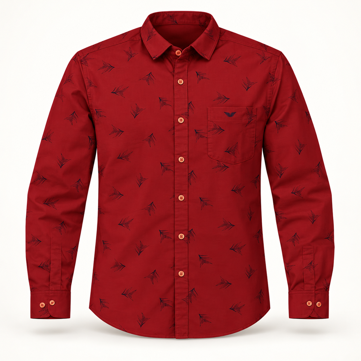 Brick red outlined kite print shirt, dimensional full sleeve product front with peach buttons and one wing emblem open pocket
