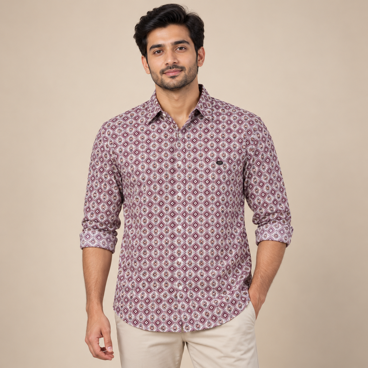 Burgundy grey geometric pinwheel pocket shirt - modern adult model with neatly rolled sleeves