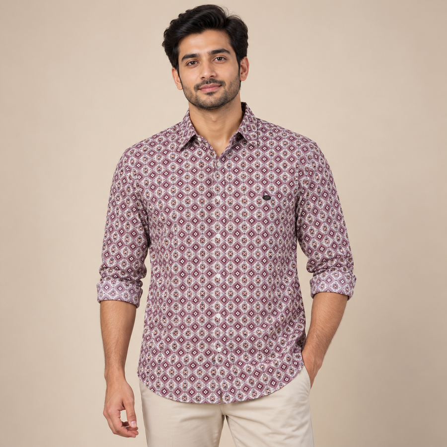 Burgundy grey geometric pinwheel pocket shirt - modern adult model with neatly rolled sleeves