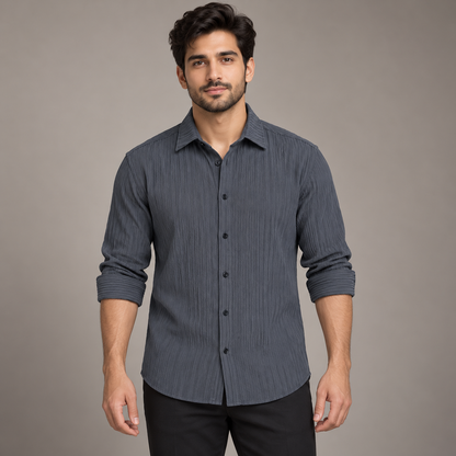 Vertical Texture Full Sleeve Shirt - Slate Charcoal - modern adult model with neatly rolled full sleeves
