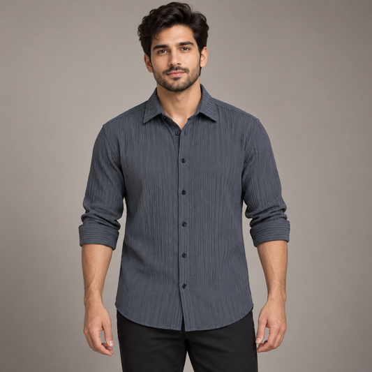 Vertical Texture Full Sleeve Shirt - Slate Charcoal - modern adult model with neatly rolled full sleeves