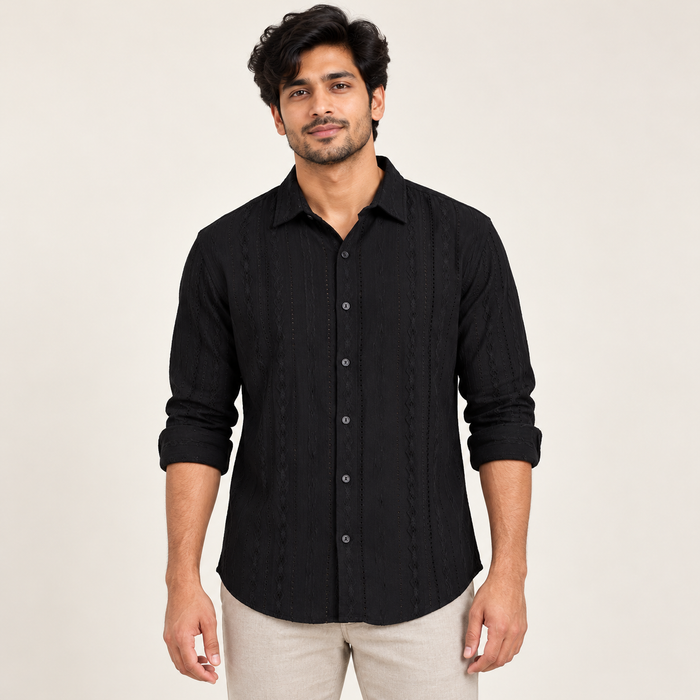 Diamond Wave Texture Full Sleeve Shirt - Black