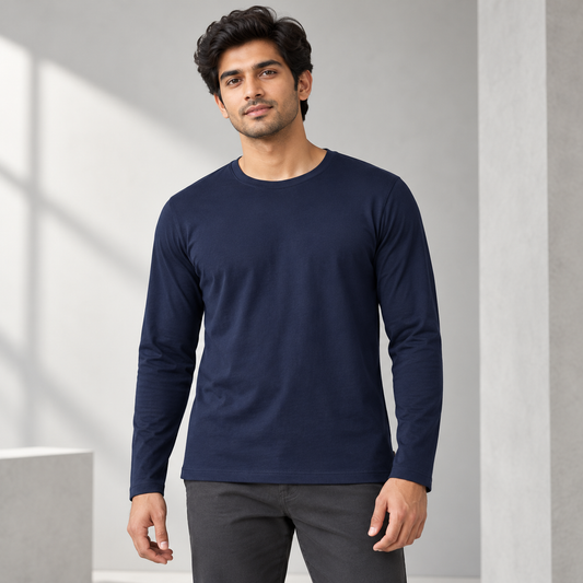 Plain navy long sleeve top on an adult male model.