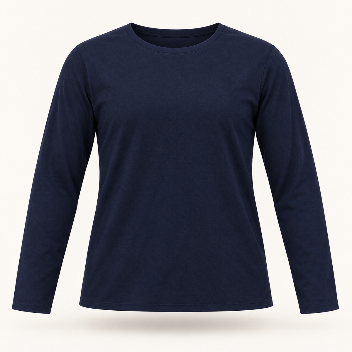 Plain navy long sleeve top, AI-generated 3D product-only view.