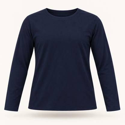 Plain navy long sleeve top, AI-generated 3D product-only view.