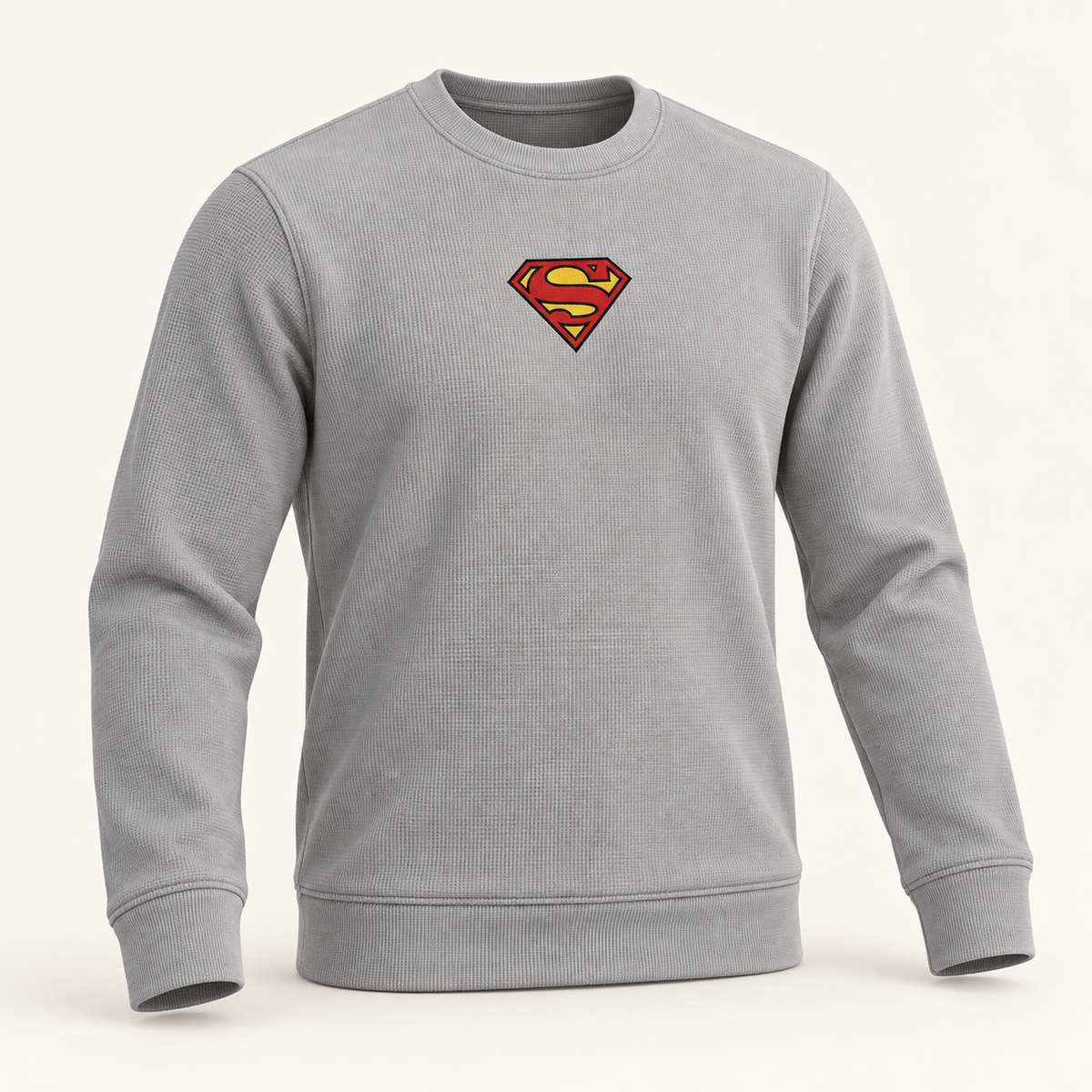 Light grey textured shield-graphic sweatshirt, AI-generated 3D product-only view.