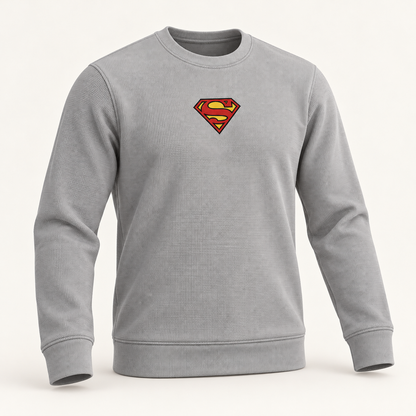 Light grey textured shield-graphic sweatshirt, AI-generated 3D product-only view.