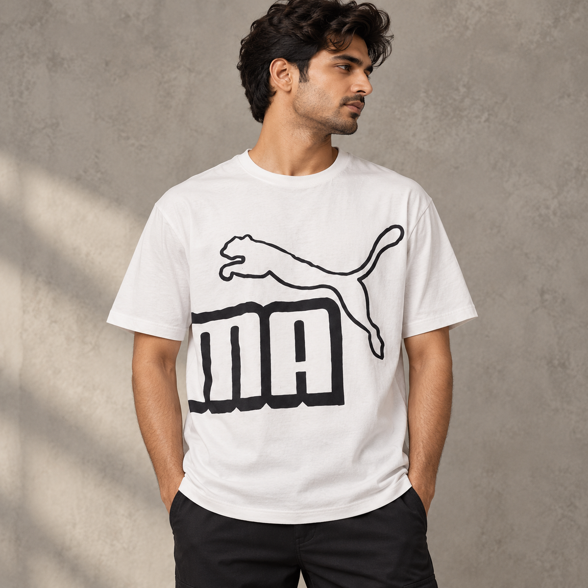 Leaping Cat Graphic Top - White on an adult male model.