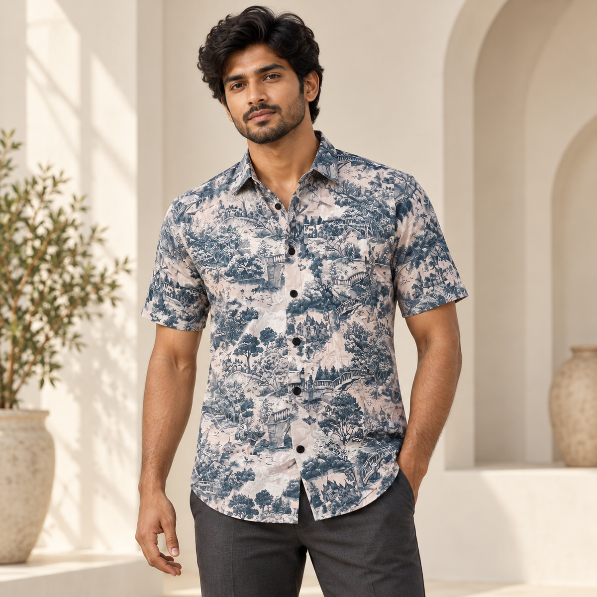 Scenic Print Collared Shirt - Ivory Teal on an adult male model.