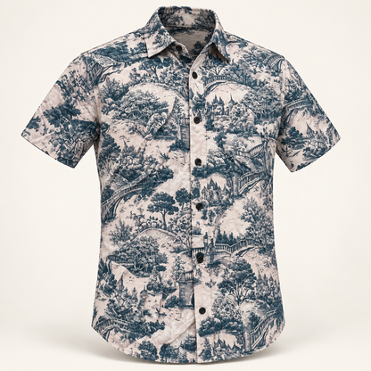 Scenic Print Collared Shirt - Ivory Teal, AI-generated 3D product-only view.