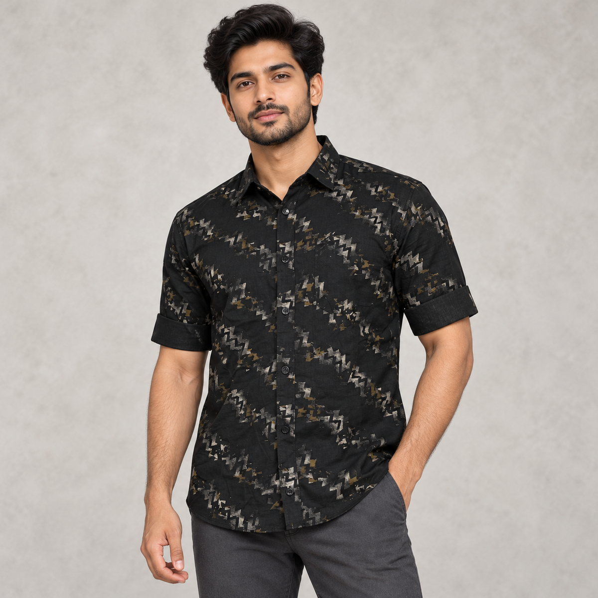 Broken Zigzag Print Collared Shirt - Black on an adult male model.