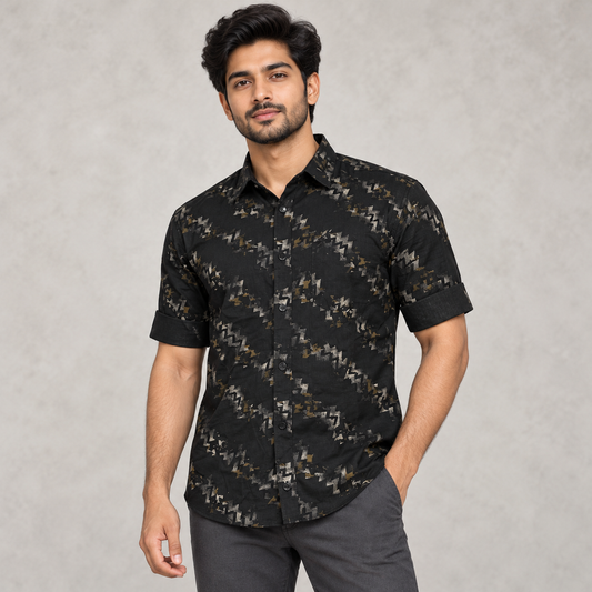Broken Zigzag Print Collared Shirt - Black on an adult male model.