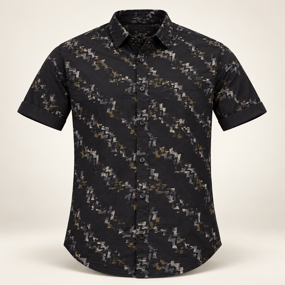 Broken Zigzag Print Collared Shirt - Black, AI-generated 3D product-only view.