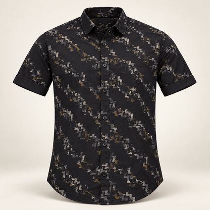 Broken Zigzag Print Collared Shirt - Black, AI-generated 3D product-only view.