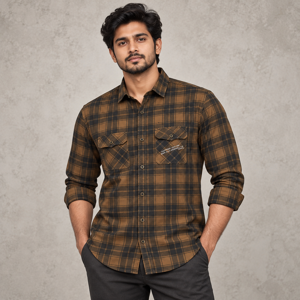 Check Double Flap Pocket Full Sleeve Shirt - Brown Charcoal on an adult male model.