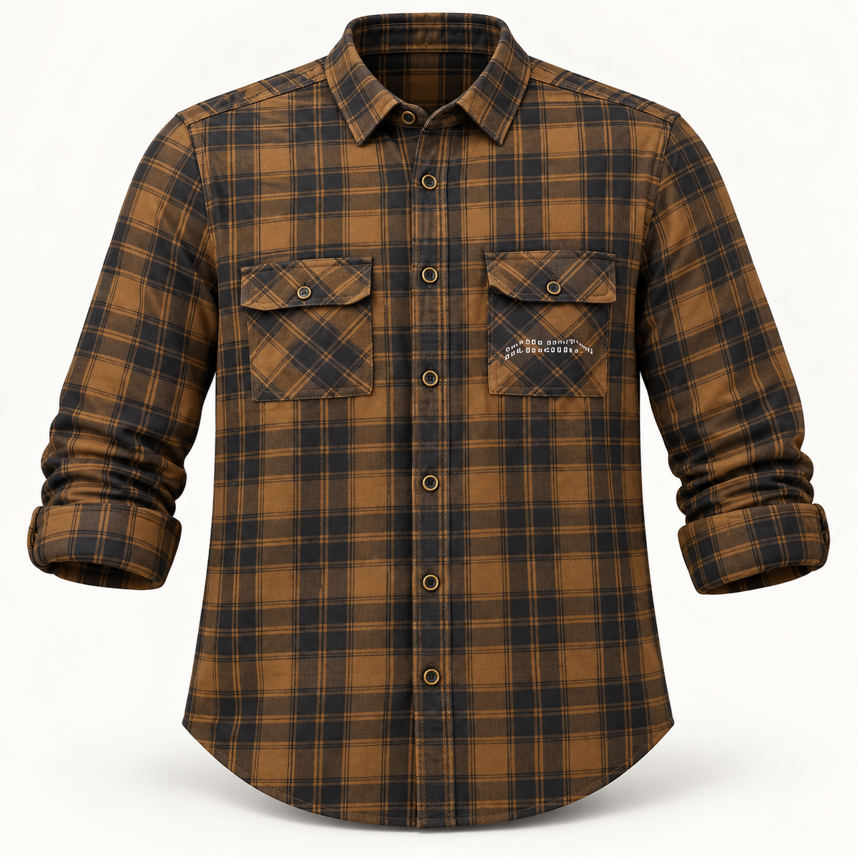 Check Double Flap Pocket Full Sleeve Shirt - Brown Charcoal, AI-generated 3D product-only view.