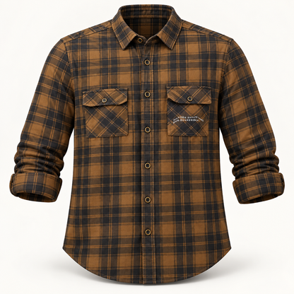 Check Double Flap Pocket Full Sleeve Shirt - Brown Charcoal, AI-generated 3D product-only view.