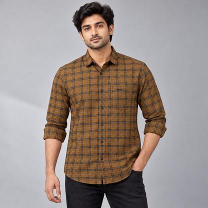 Fine Check Pocket Shirt - Mustard Brown on an adult male model.