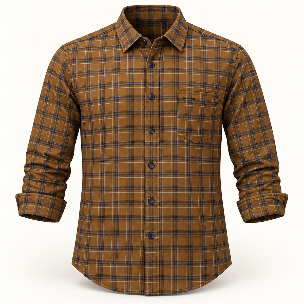 Fine Check Pocket Shirt - Mustard Brown, AI-generated 3D product-only view.