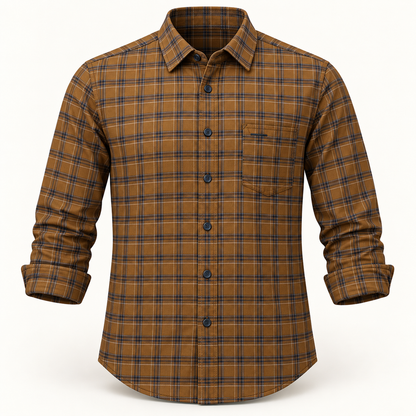 Fine Check Pocket Shirt - Mustard Brown, AI-generated 3D product-only view.